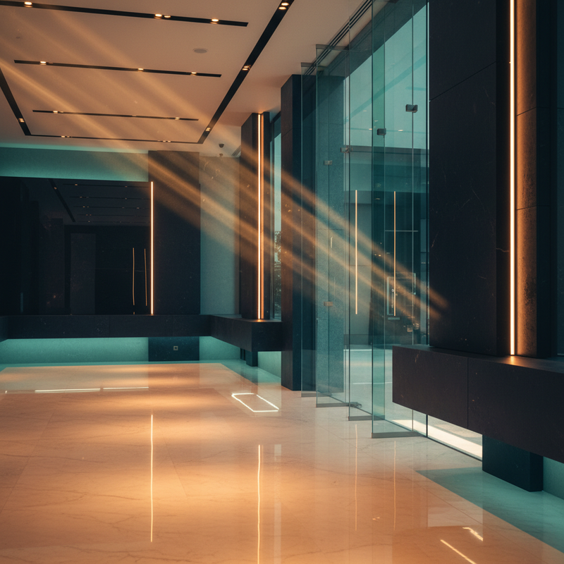 Luxury showroom with dramatic lighting