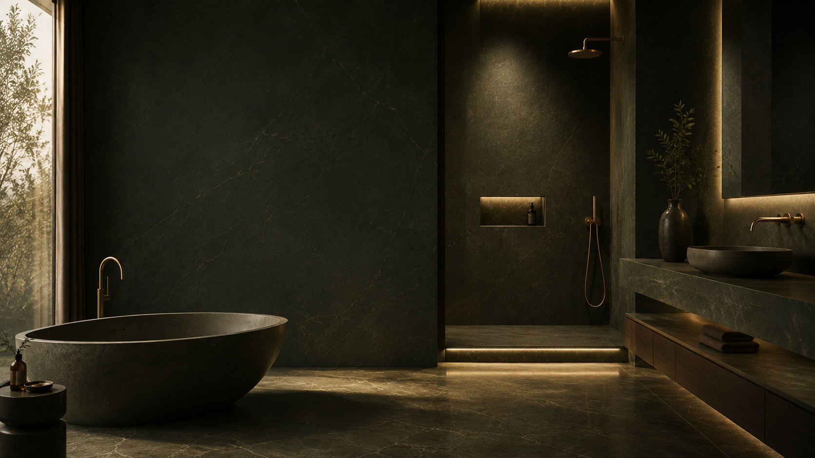 Luxury olive-green marble bathroom interior