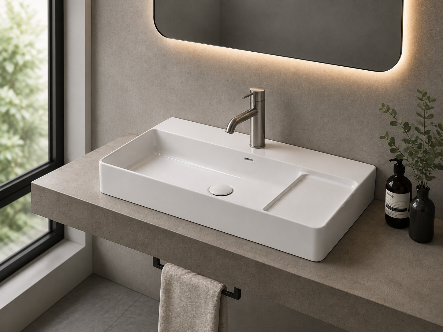 NEOM rectangular countertop washbasin in white