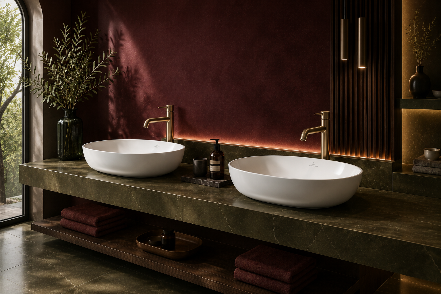 Luxury washbasins in an olive green and deep red bathroom interior