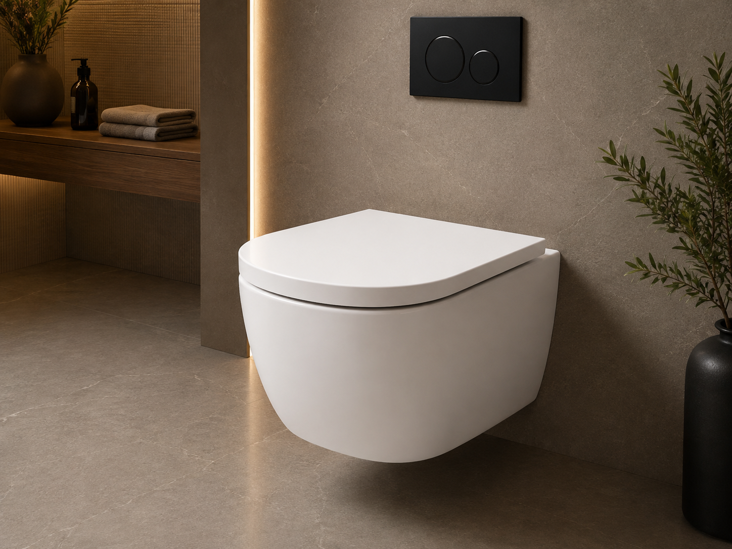 NEOM white wall-hung WC in a contemporary bathroom setting